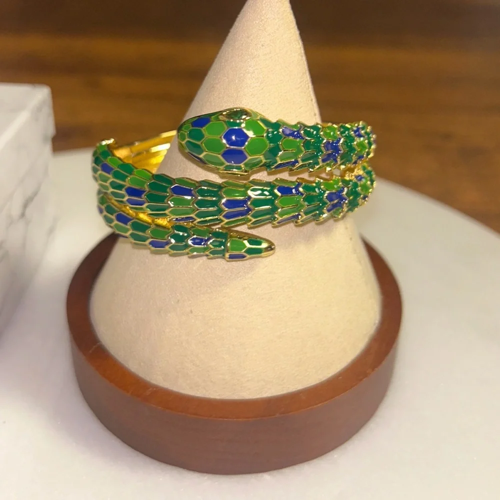 Rachel Glauber 14K Gold Plated W/ Green/Blue Cubic Zirconia 3D Serpent Bracelet - Picture 4 of 16